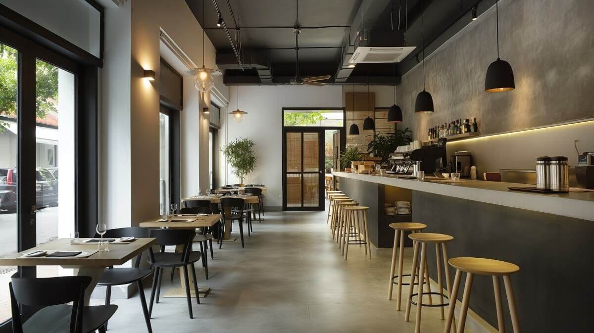 Nowoczesne wnętrze kawiarni z wysokim barem i hokerami do kawiarni.