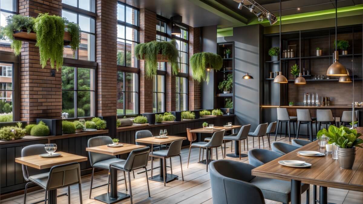 Wnętrze nowoczesnej kawiarni z eleganckimi meblami do kawiarni, otoczone roślinami.